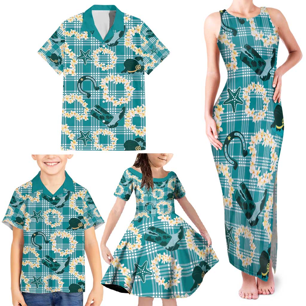 Aloha Hawaii Paniolo Teal Palaka Family Matching Tank Maxi Dress and Hawaiian Shirt Coastal Rodeo LT7 - Polynesian Pride
