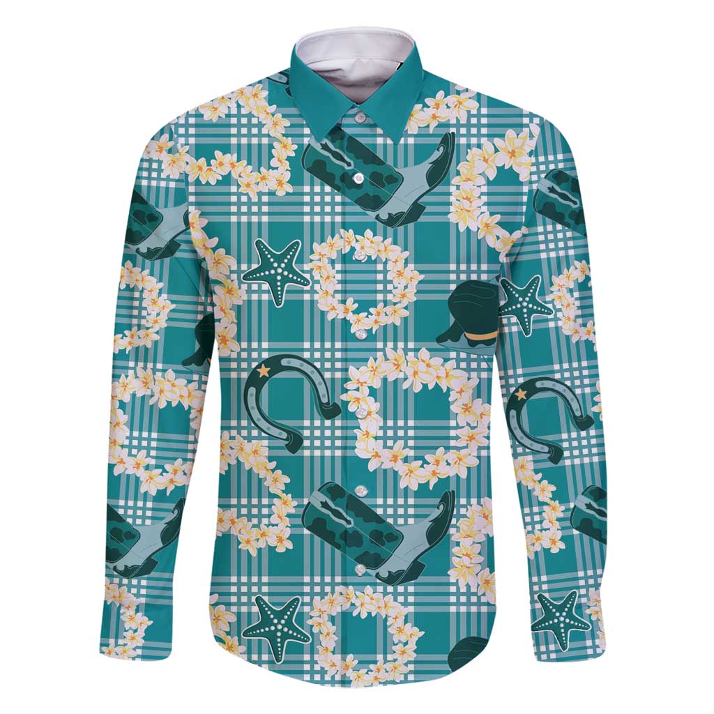 Aloha Hawaii Paniolo Teal Palaka Family Matching Tank Maxi Dress and Hawaiian Shirt Coastal Rodeo LT7 Dad's Shirt - Long Sleeve Teal - Polynesian Pride