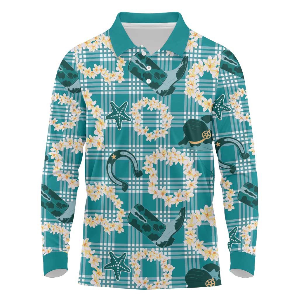 Aloha Hawaii Paniolo Teal Palaka Long Sleeve Polo Shirt Coastal Rodeo LT7 Teal - Polynesian Pride