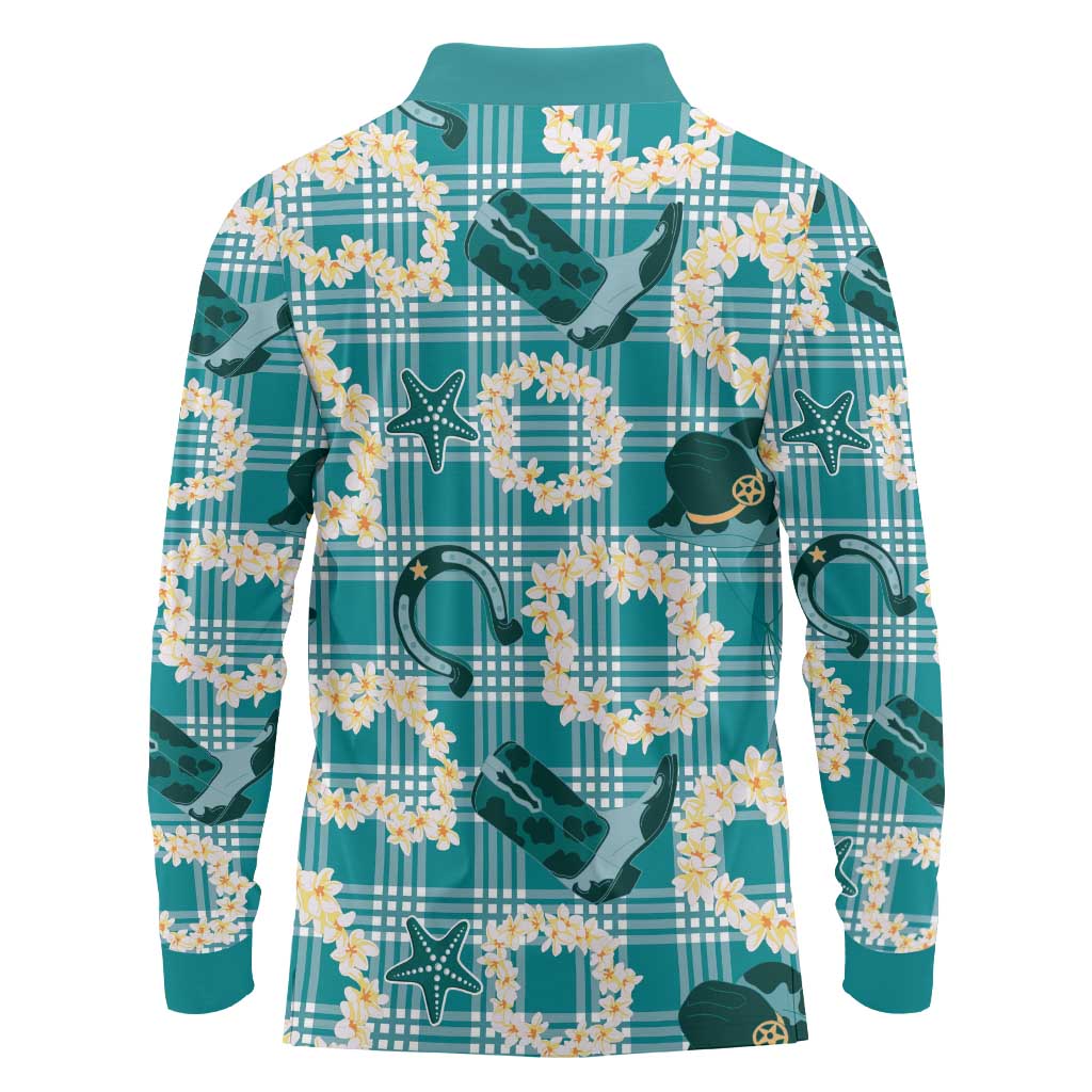Aloha Hawaii Paniolo Teal Palaka Long Sleeve Polo Shirt Coastal Rodeo LT7 - Polynesian Pride