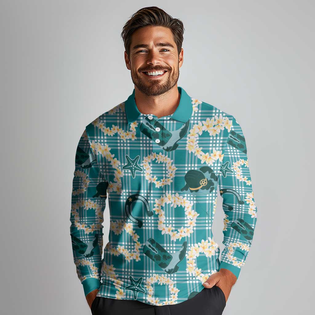 Aloha Hawaii Paniolo Teal Palaka Long Sleeve Polo Shirt Coastal Rodeo LT7 - Polynesian Pride
