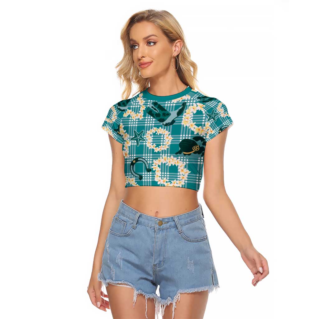 Aloha Hawaii Paniolo Teal Palaka Raglan Cropped T Shirt Coastal Rodeo - Polynesian Pride