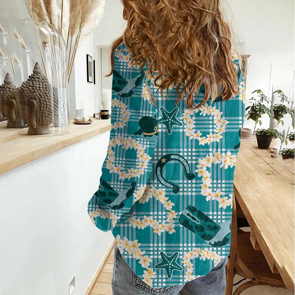 Aloha Hawaii Paniolo Teal Palaka Women Casual Shirt Coastal Rodeo - Polynesian Pride