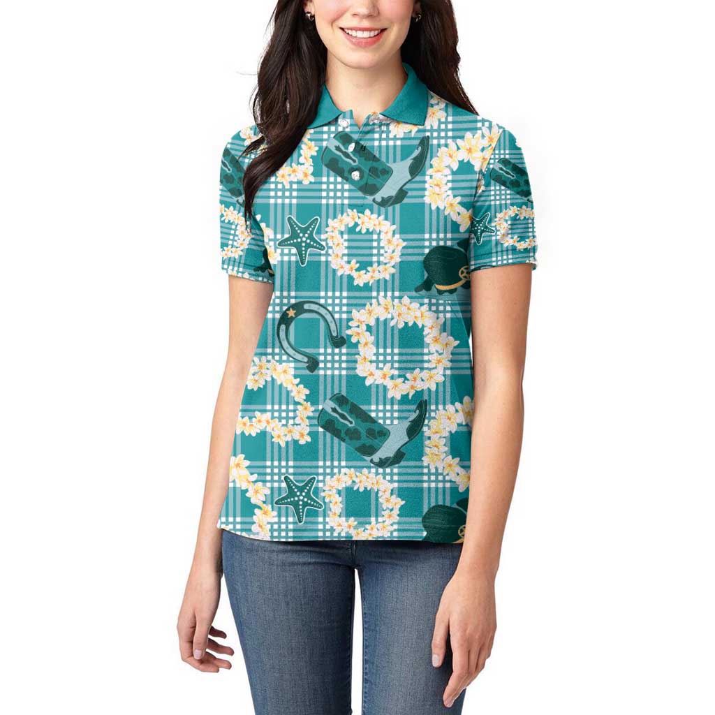 Aloha Hawaii Paniolo Teal Palaka Women Polo Shirt Coastal Rodeo - Polynesian Pride