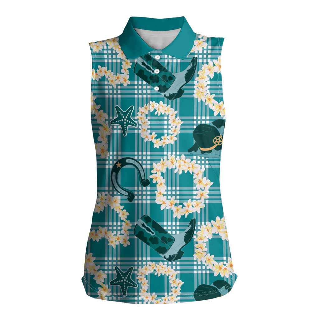 Aloha Hawaii Paniolo Teal Palaka Women Sleeveless Polo Shirt Coastal Rodeo LT7 Female Teal - Polynesian Pride