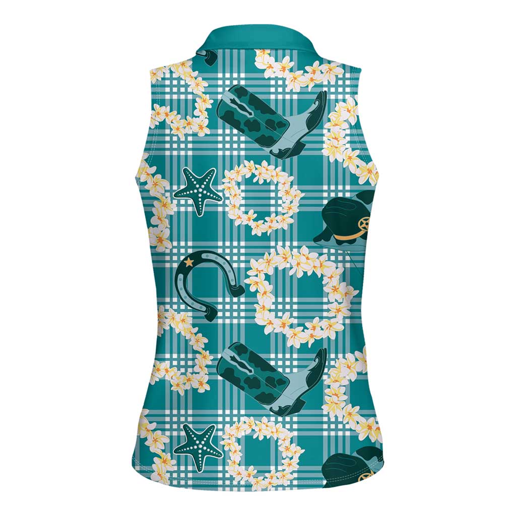 Aloha Hawaii Paniolo Teal Palaka Women Sleeveless Polo Shirt Coastal Rodeo LT7 - Polynesian Pride