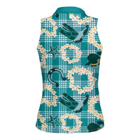 Aloha Hawaii Paniolo Teal Palaka Women Sleeveless Polo Shirt Coastal Rodeo LT7 - Polynesian Pride