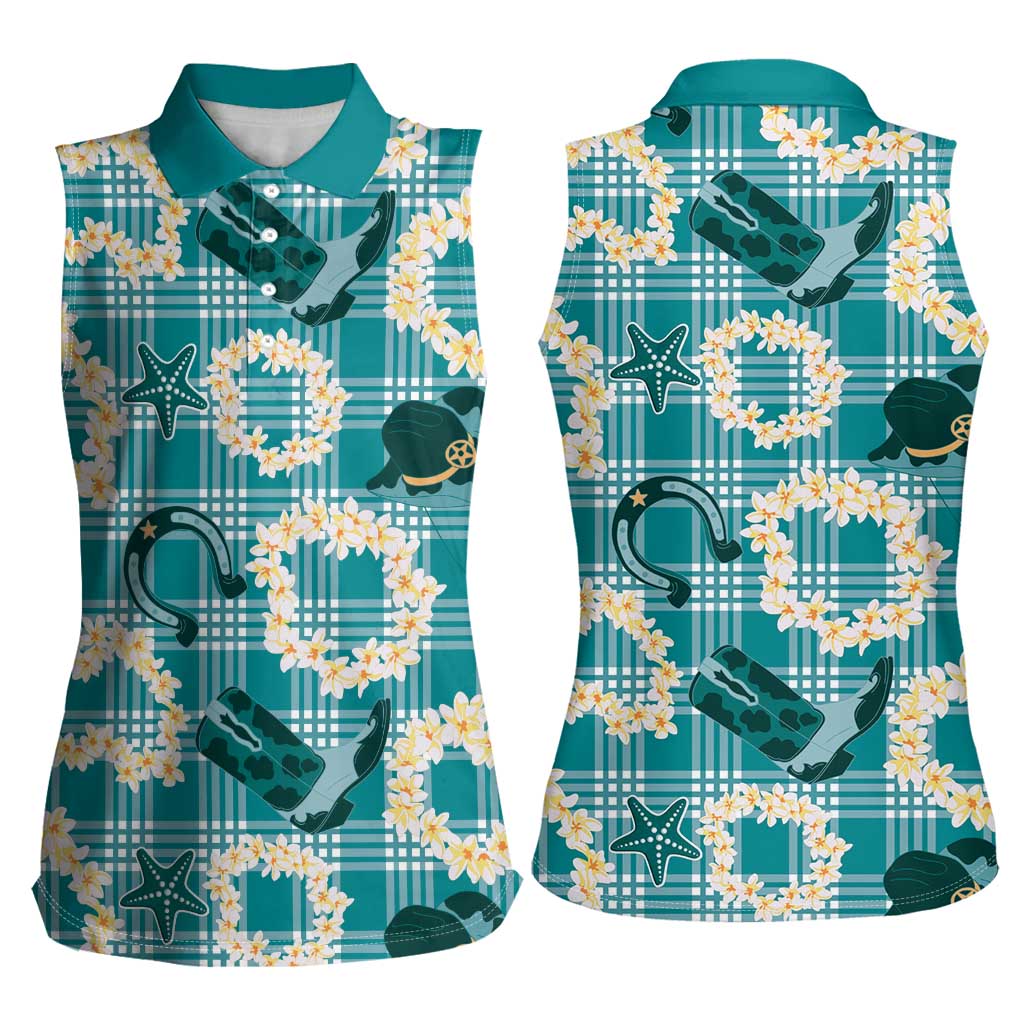 Aloha Hawaii Paniolo Teal Palaka Women Sleeveless Polo Shirt Coastal Rodeo LT7 - Polynesian Pride