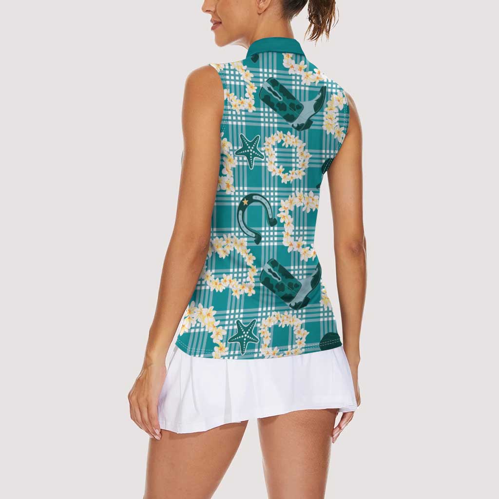 Aloha Hawaii Paniolo Teal Palaka Women Sleeveless Polo Shirt Coastal Rodeo LT7 - Polynesian Pride