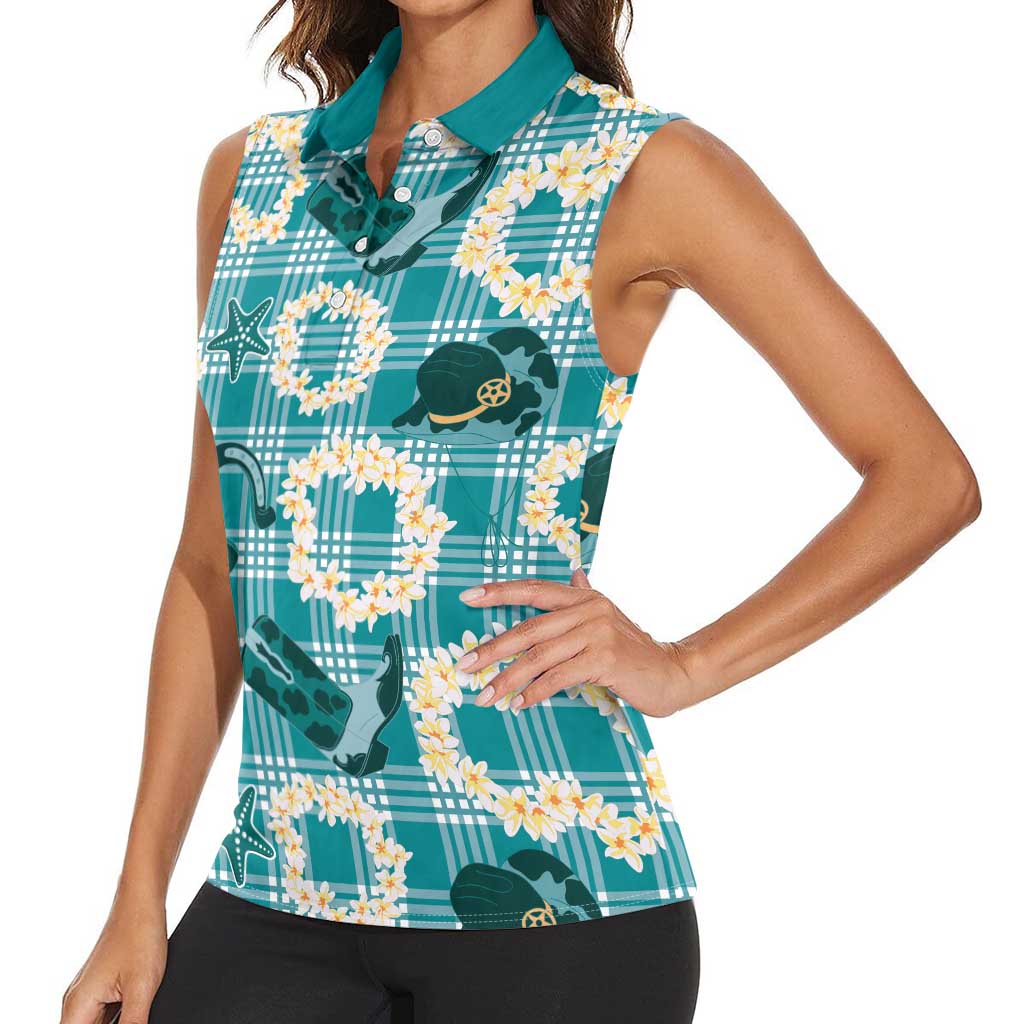 Aloha Hawaii Paniolo Teal Palaka Women Sleeveless Polo Shirt Coastal Rodeo LT7 - Polynesian Pride