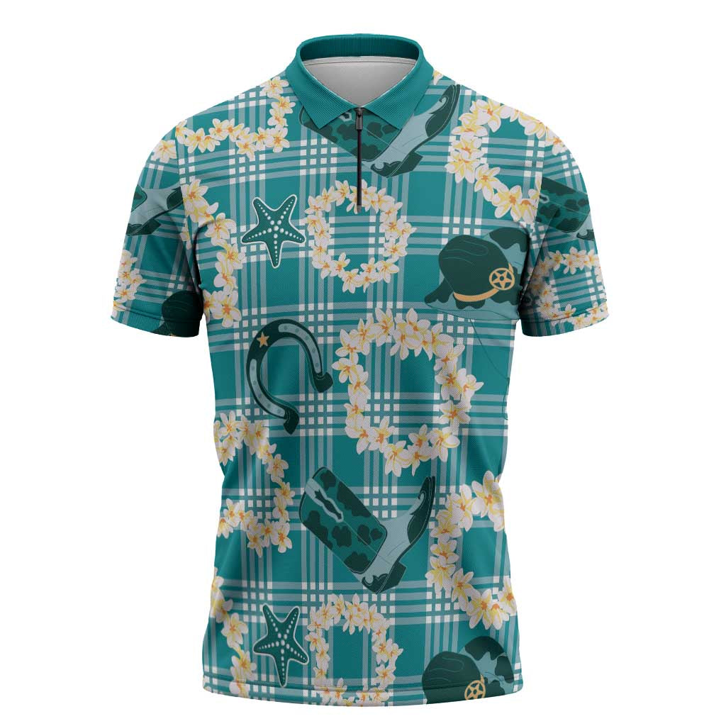 Aloha Hawaii Paniolo Teal Palaka Zipper Polo Shirt Coastal Rodeo LT7 Teal - Polynesian Pride