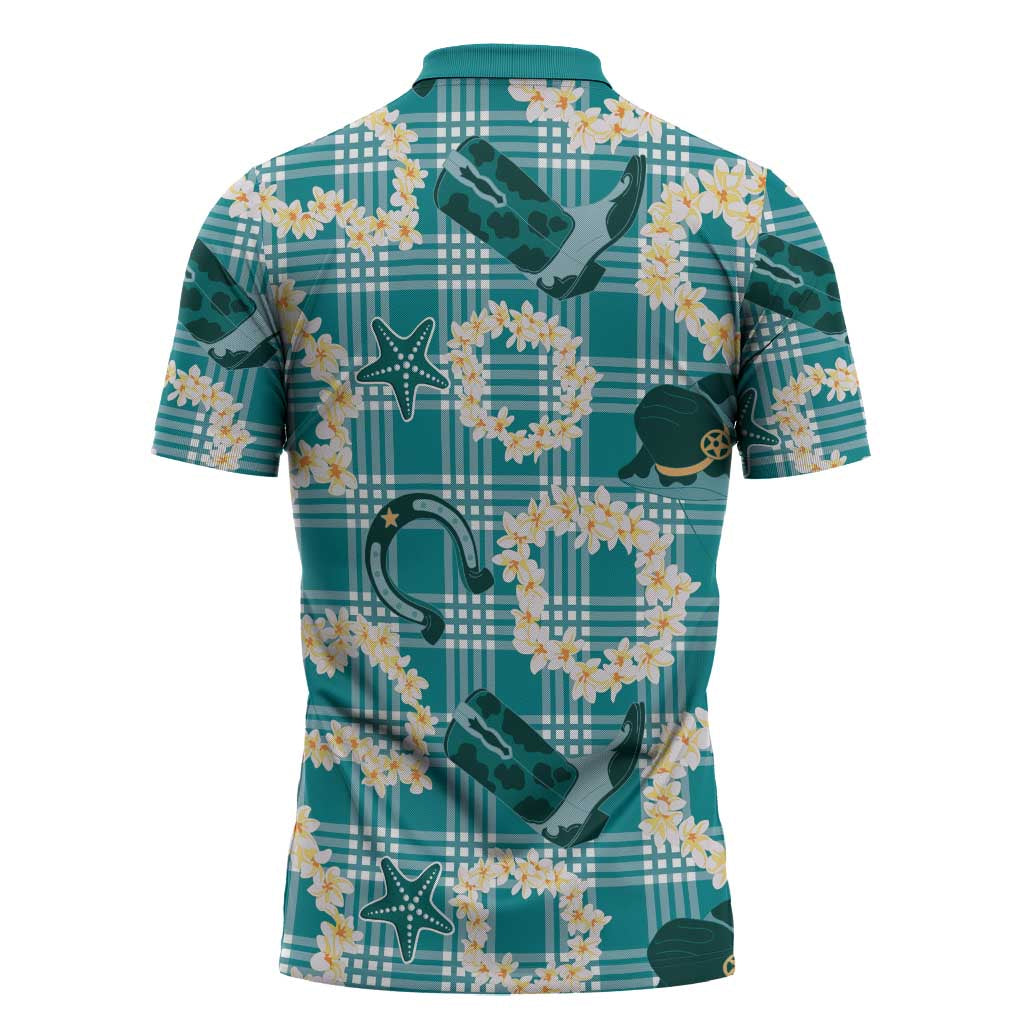 Aloha Hawaii Paniolo Teal Palaka Zipper Polo Shirt Coastal Rodeo LT7 - Polynesian Pride