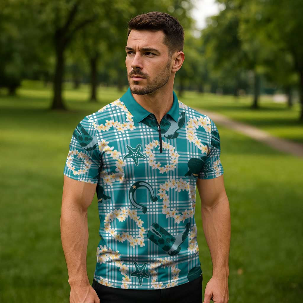 Aloha Hawaii Paniolo Teal Palaka Zipper Polo Shirt Coastal Rodeo LT7 - Polynesian Pride