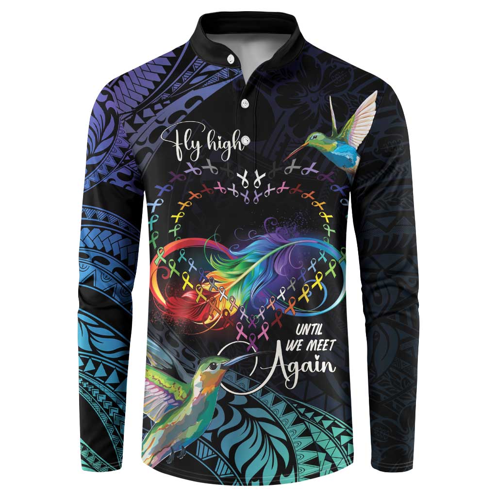 Polynesian Cancers Awareness Button Sweatshirt Hummingbird - Fly High Until We Meet Again