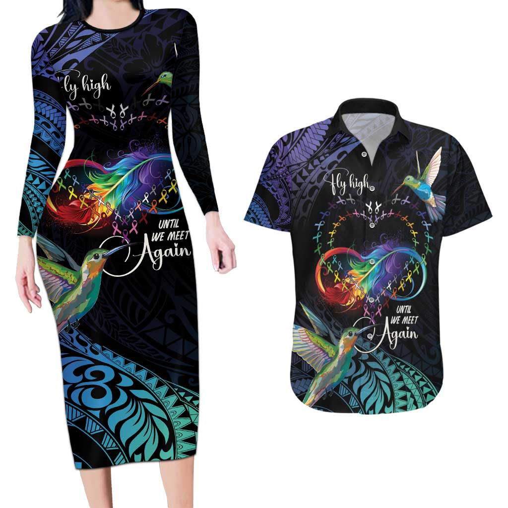 Polynesian Cancers Awareness Couples Matching Long Sleeve Bodycon Dress and Hawaiian Shirt Hummingbird - Fly High Until We Meet Again LT7 Colorful - Polynesian Pride