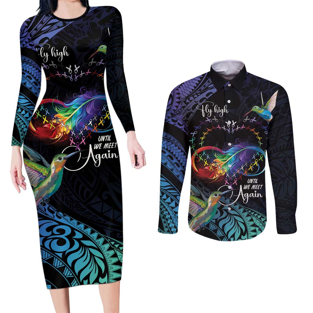 Polynesian Cancers Awareness Couples Matching Long Sleeve Bodycon Dress and Long Sleeve Button Shirt Hummingbird - Fly High Until We Meet Again LT7 Colorful - Polynesian Pride