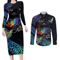 Polynesian Cancers Awareness Couples Matching Long Sleeve Bodycon Dress and Long Sleeve Button Shirt Hummingbird - Fly High Until We Meet Again LT7 Colorful - Polynesian Pride