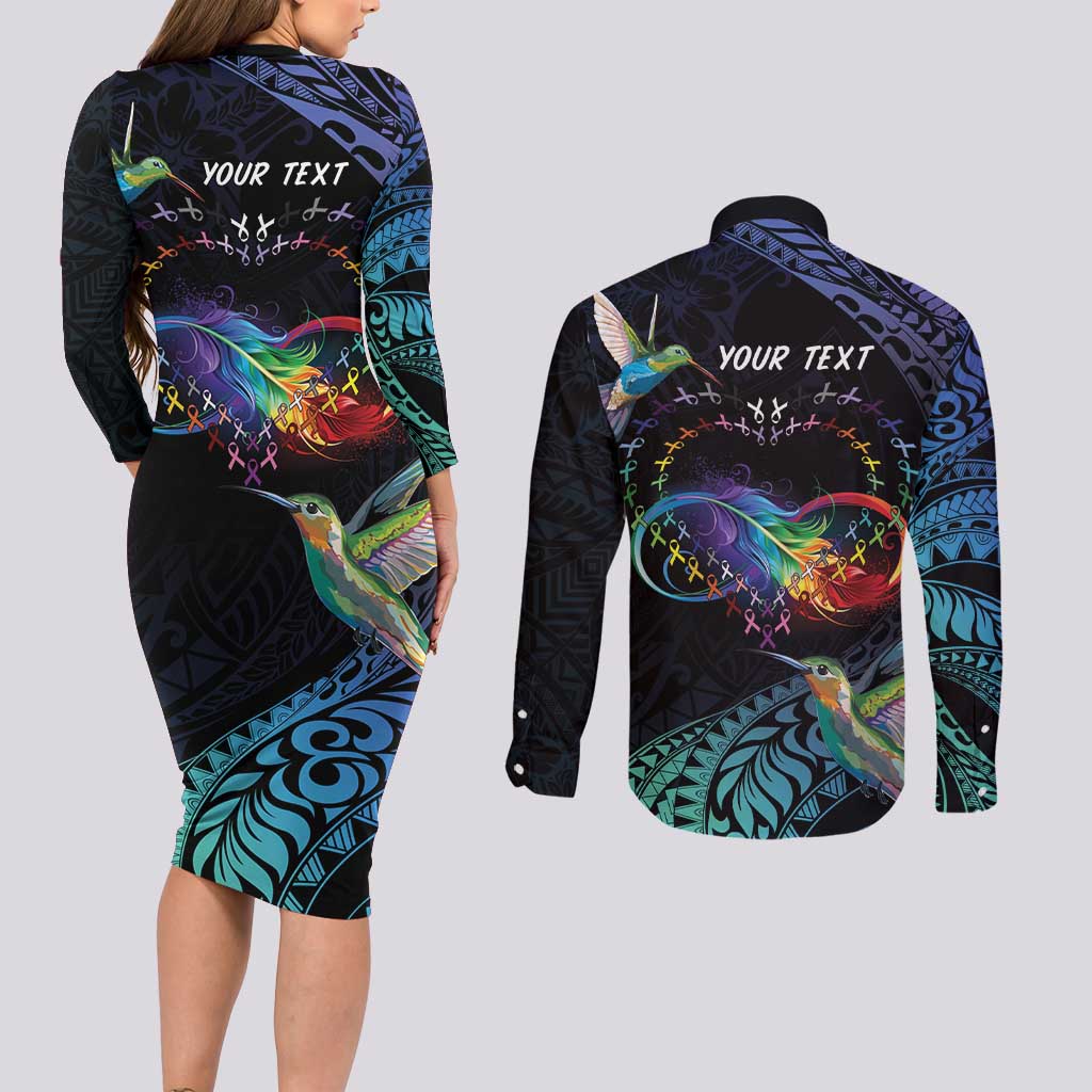 Polynesian Cancers Awareness Couples Matching Long Sleeve Bodycon Dress and Long Sleeve Button Shirt Hummingbird - Fly High Until We Meet Again LT7 - Polynesian Pride