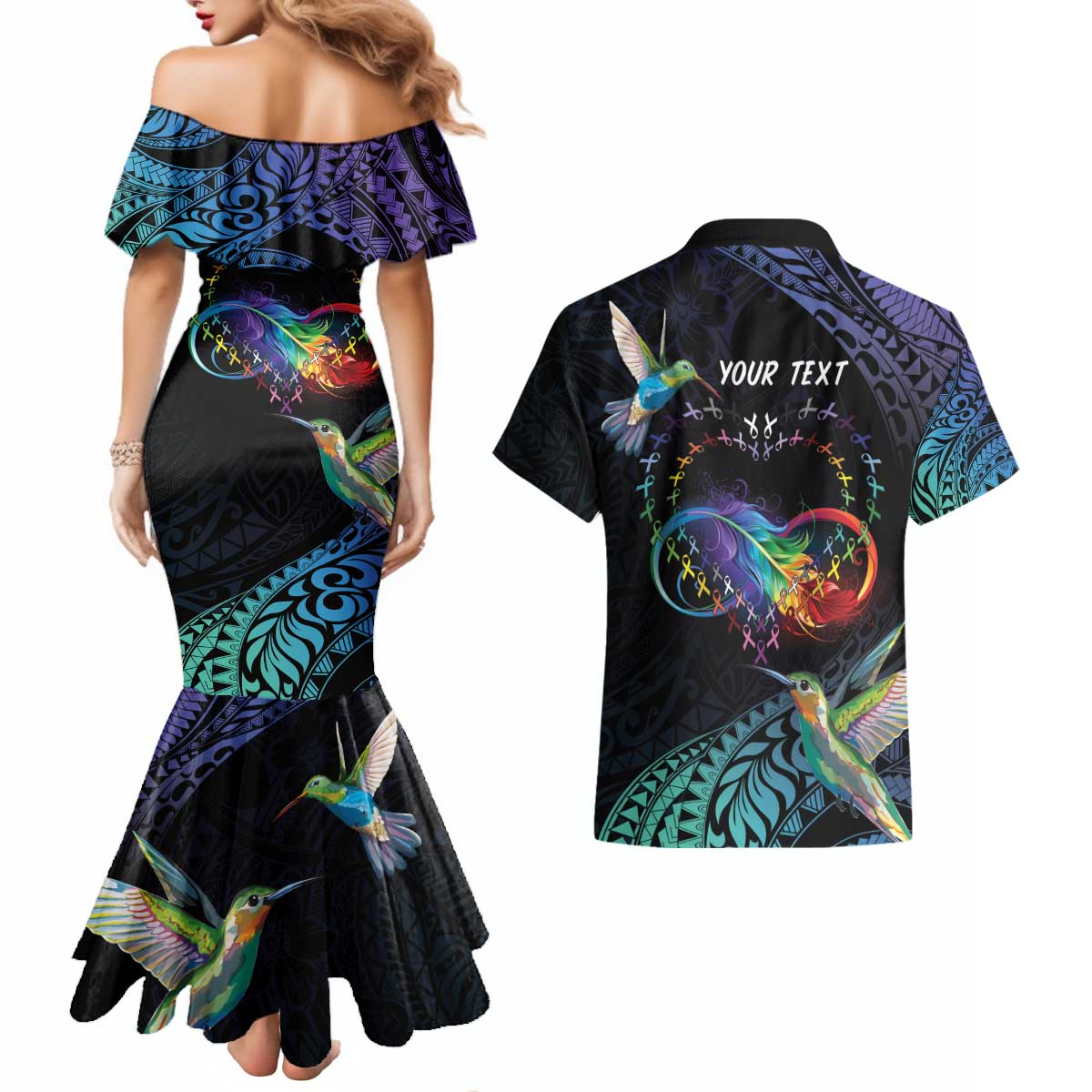 Polynesian Cancers Awareness Couples Matching Mermaid Dress and Hawaiian Shirt Hummingbird - Fly High Until We Meet Again LT7 - Polynesian Pride