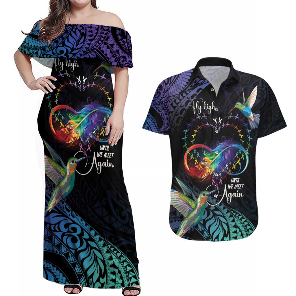 Polynesian Cancers Awareness Couples Matching Off Shoulder Maxi Dress and Hawaiian Shirt Hummingbird - Fly High Until We Meet Again LT7 Colorful - Polynesian Pride