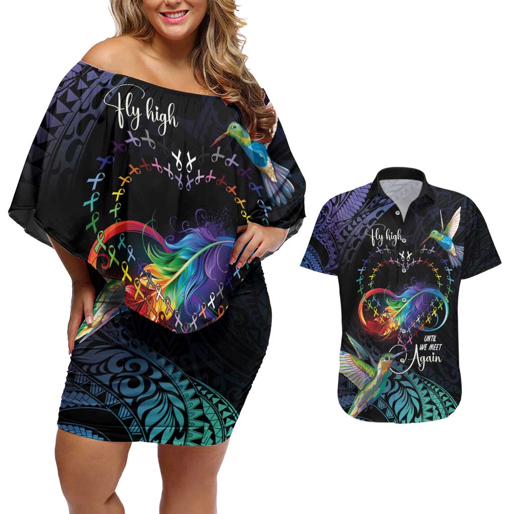Polynesian Cancers Awareness Couples Matching Off Shoulder Short Dress and Hawaiian Shirt Hummingbird - Fly High Until We Meet Again LT7 Colorful - Polynesian Pride