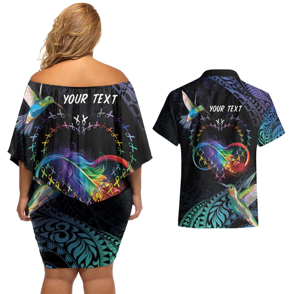 Polynesian Cancers Awareness Couples Matching Off Shoulder Short Dress and Hawaiian Shirt Hummingbird - Fly High Until We Meet Again LT7 - Polynesian Pride