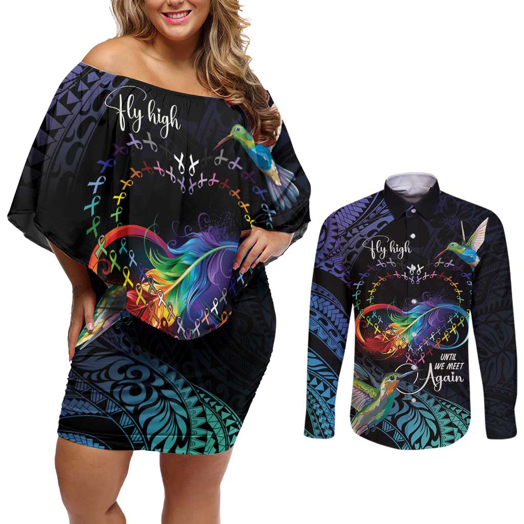 Polynesian Cancers Awareness Couples Matching Off Shoulder Short Dress and Long Sleeve Button Shirt Hummingbird - Fly High Until We Meet Again