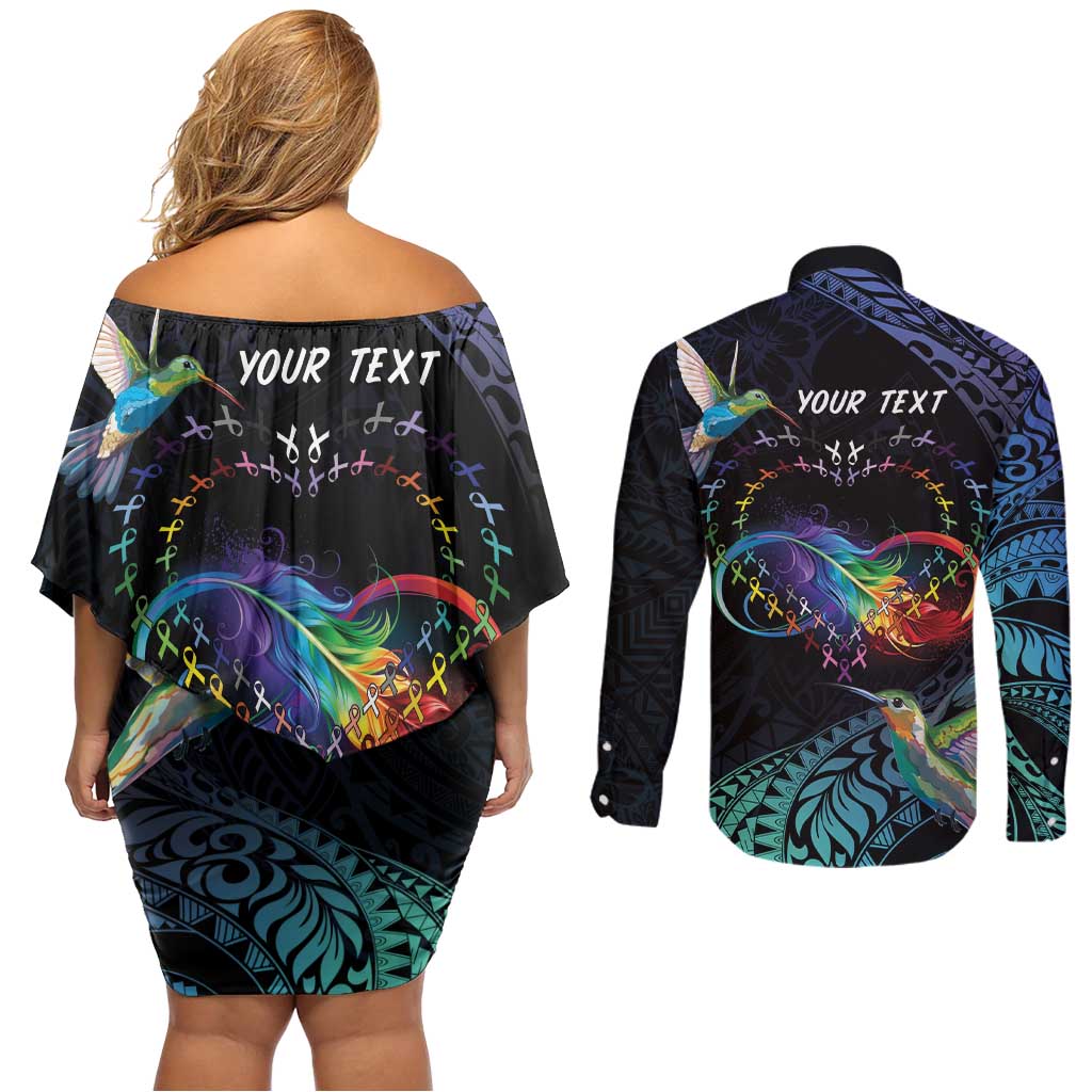 Polynesian Cancers Awareness Couples Matching Off Shoulder Short Dress and Long Sleeve Button Shirt Hummingbird - Fly High Until We Meet Again LT7 - Polynesian Pride