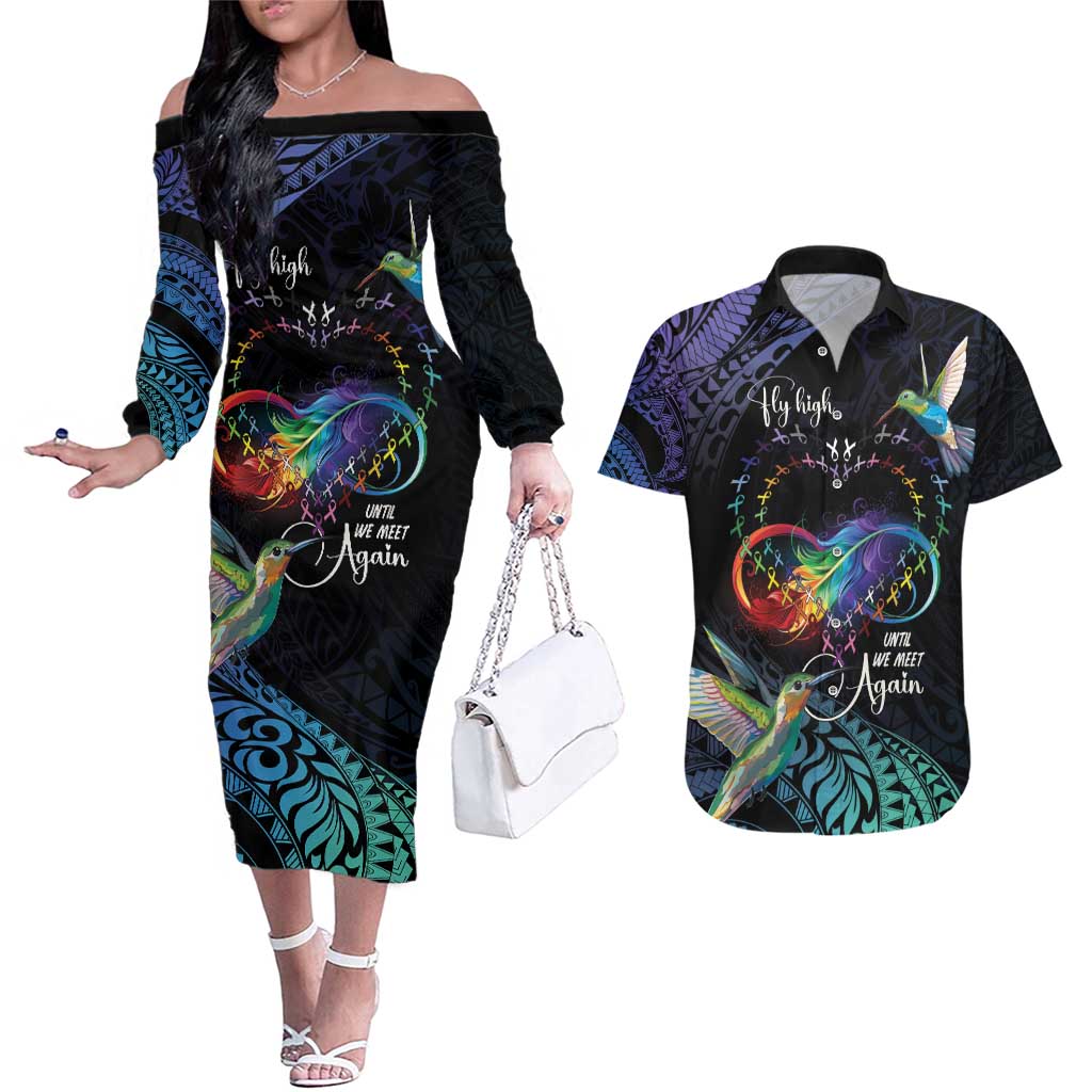 Polynesian Cancers Awareness Couples Matching Off The Shoulder Long Sleeve Dress and Hawaiian Shirt Hummingbird - Fly High Until We Meet Again LT7 Colorful - Polynesian Pride