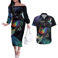 Polynesian Cancers Awareness Couples Matching Off The Shoulder Long Sleeve Dress and Hawaiian Shirt Hummingbird - Fly High Until We Meet Again LT7 Colorful - Polynesian Pride