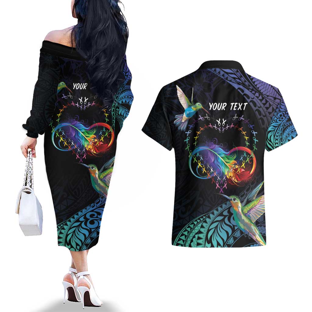 Polynesian Cancers Awareness Couples Matching Off The Shoulder Long Sleeve Dress and Hawaiian Shirt Hummingbird - Fly High Until We Meet Again LT7 - Polynesian Pride