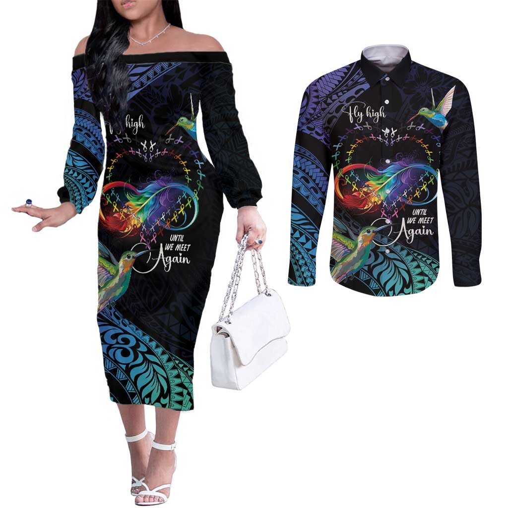 Polynesian Cancers Awareness Couples Matching Off The Shoulder Long Sleeve Dress and Long Sleeve Button Shirt Hummingbird - Fly High Until We Meet Again LT7 Colorful - Polynesian Pride