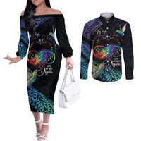 Polynesian Cancers Awareness Couples Matching Off The Shoulder Long Sleeve Dress and Long Sleeve Button Shirt Hummingbird - Fly High Until We Meet Again LT7 Colorful - Polynesian Pride