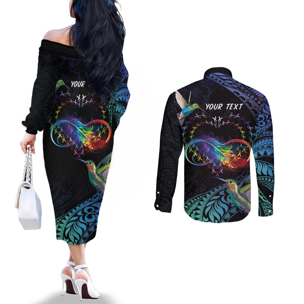 Polynesian Cancers Awareness Couples Matching Off The Shoulder Long Sleeve Dress and Long Sleeve Button Shirt Hummingbird - Fly High Until We Meet Again LT7 - Polynesian Pride