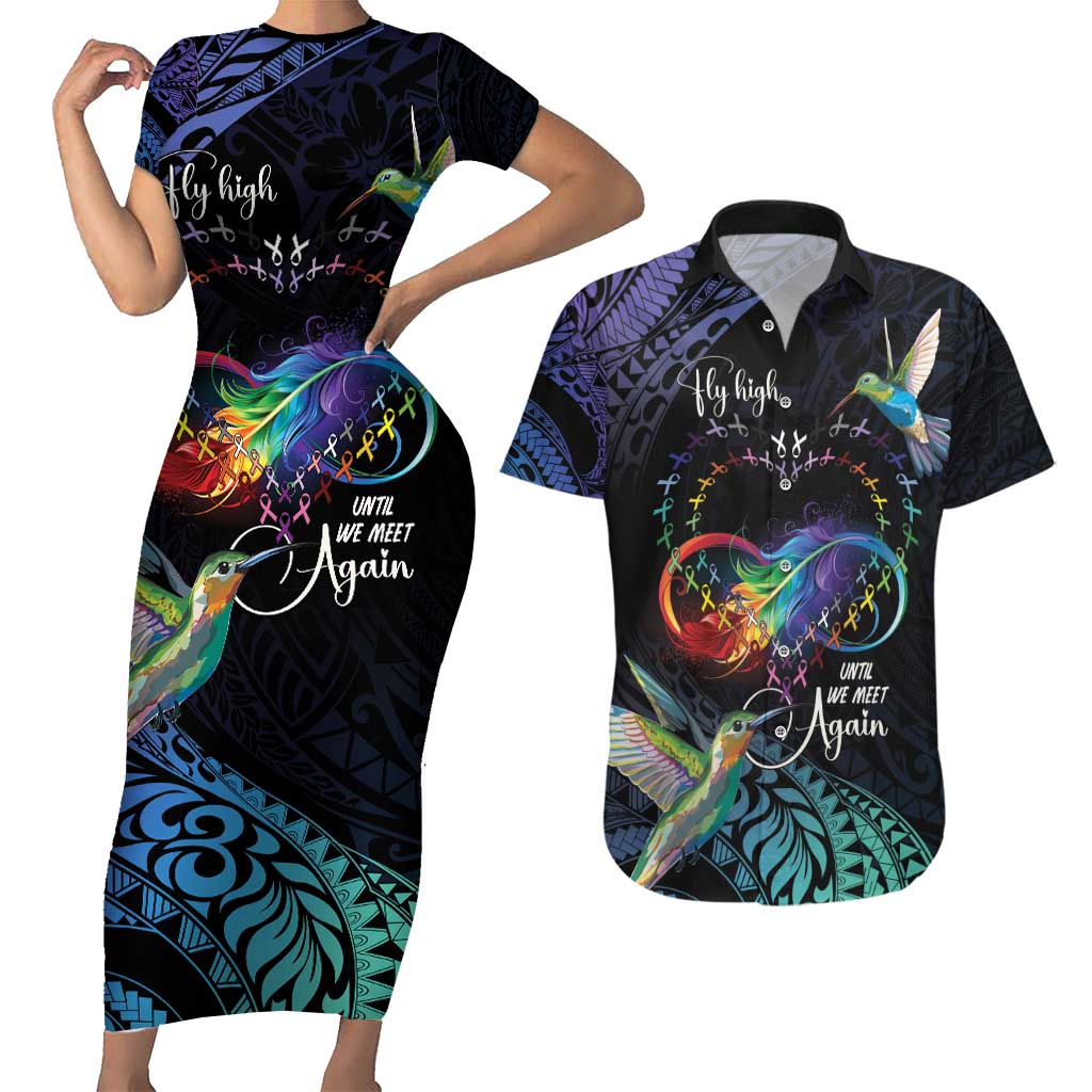 Polynesian Cancers Awareness Couples Matching Short Sleeve Bodycon Dress and Hawaiian Shirt Hummingbird - Fly High Until We Meet Again LT7 Colorful - Polynesian Pride