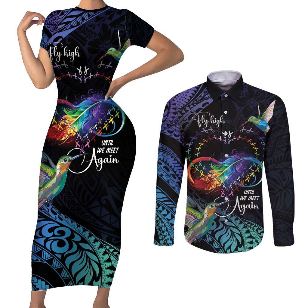 Polynesian Cancers Awareness Couples Matching Short Sleeve Bodycon Dress and Long Sleeve Button Shirt Hummingbird - Fly High Until We Meet Again LT7 Colorful - Polynesian Pride