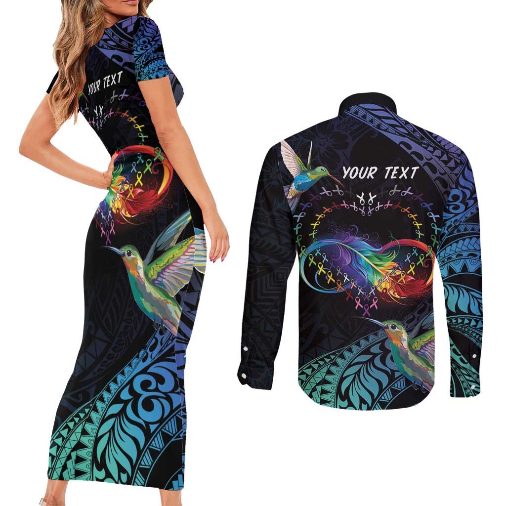 Polynesian Cancers Awareness Couples Matching Short Sleeve Bodycon Dress and Long Sleeve Button Shirt Hummingbird - Fly High Until We Meet Again LT7 - Polynesian Pride
