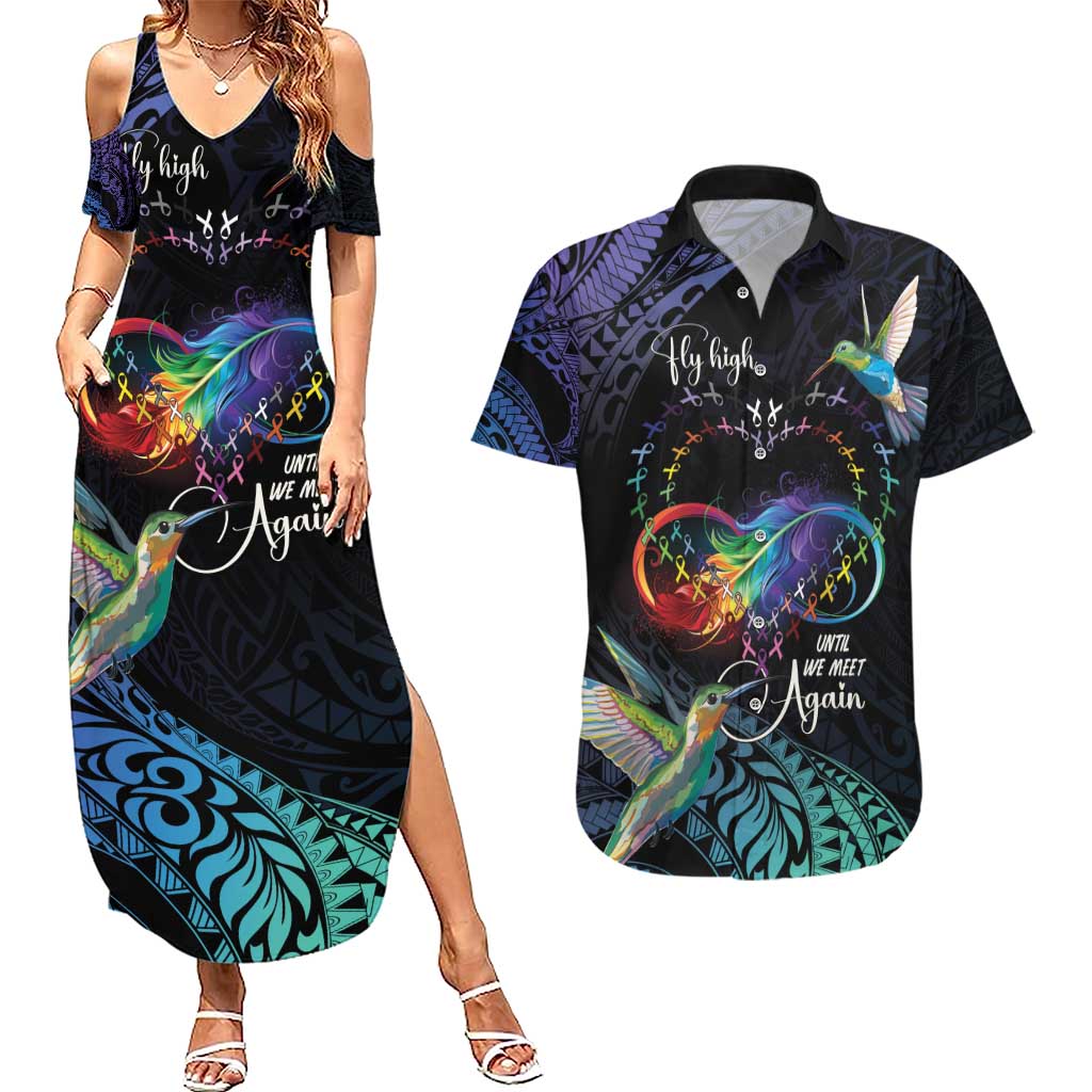 Polynesian Cancers Awareness Couples Matching Summer Maxi Dress and Hawaiian Shirt Hummingbird - Fly High Until We Meet Again LT7 Colorful - Polynesian Pride