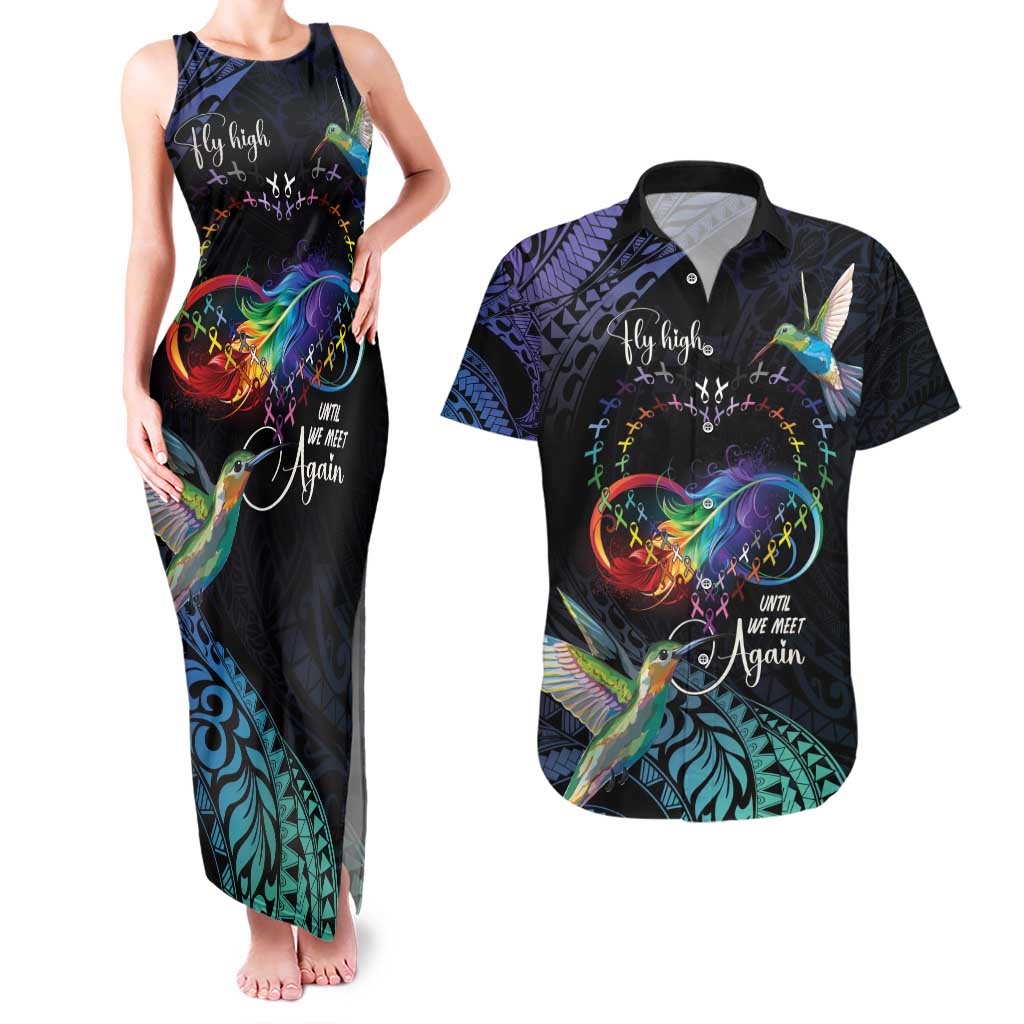 Polynesian Cancers Awareness Couples Matching Tank Maxi Dress and Hawaiian Shirt Hummingbird - Fly High Until We Meet Again LT7 Colorful - Polynesian Pride