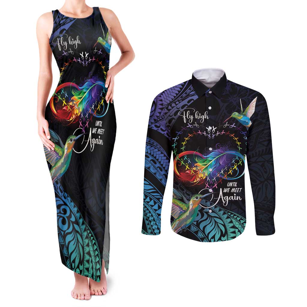 Polynesian Cancers Awareness Couples Matching Tank Maxi Dress and Long Sleeve Button Shirt Hummingbird - Fly High Until We Meet Again LT7 Colorful - Polynesian Pride