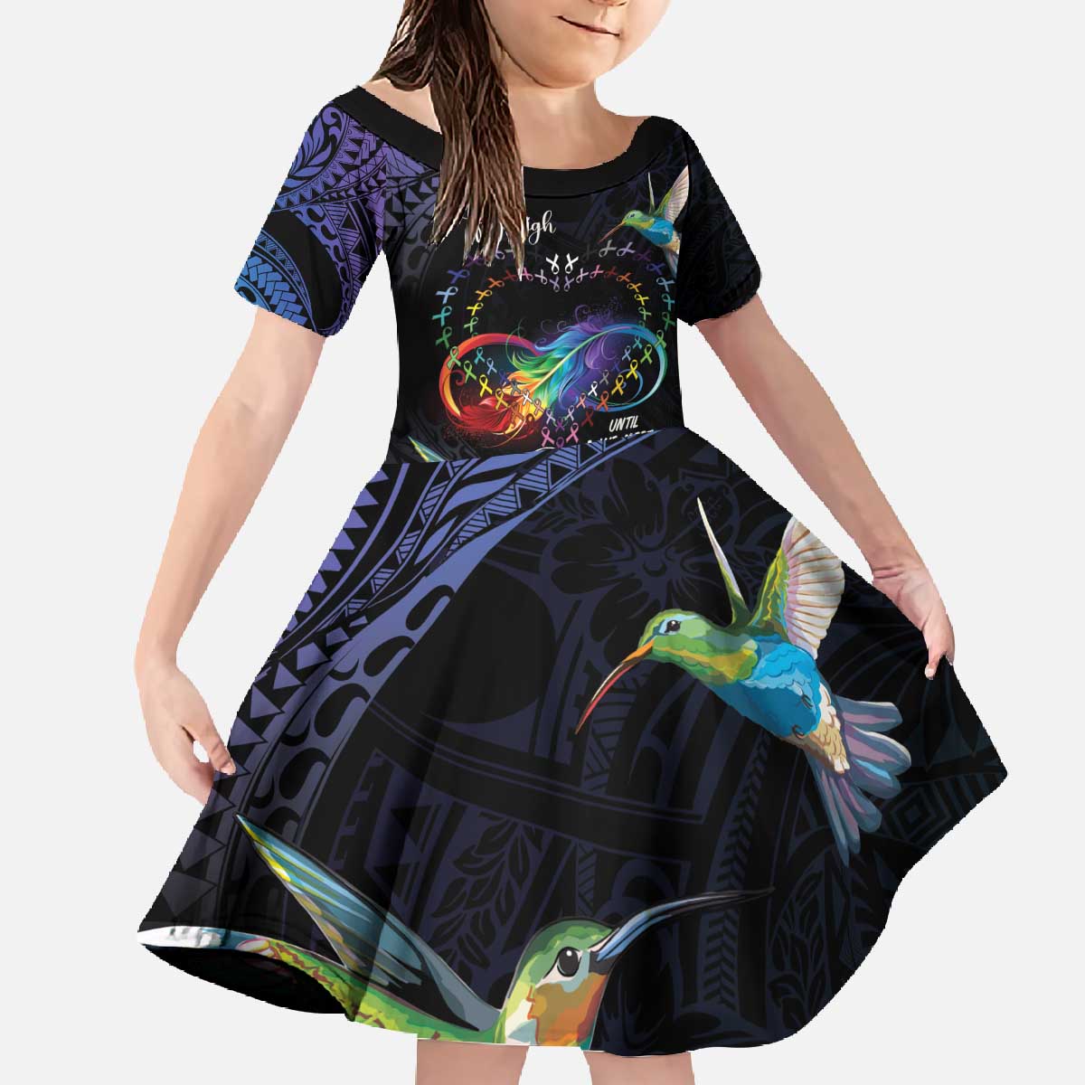 Polynesian Cancers Awareness Family Matching Off The Shoulder Long Sleeve Dress and Hawaiian Shirt Hummingbird - Fly High Until We Meet Again LT7 Daughter's Dress Colorful - Polynesian Pride