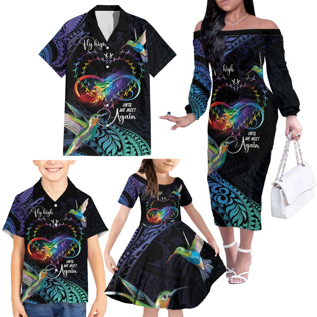 Polynesian Cancers Awareness Family Matching Off The Shoulder Long Sleeve Dress and Hawaiian Shirt Hummingbird - Fly High Until We Meet Again LT7 - Polynesian Pride