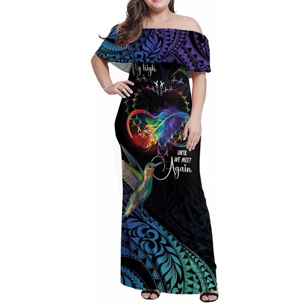 Polynesian Cancers Awareness Family Matching Off Shoulder Maxi Dress and Hawaiian Shirt Hummingbird - Fly High Until We Meet Again LT7 Mom's Dress Colorful - Polynesian Pride