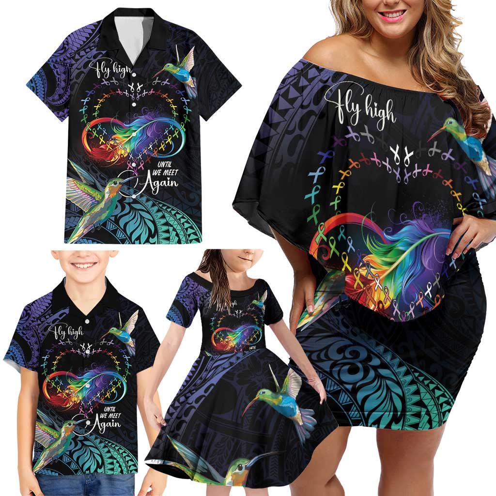 Polynesian Cancers Awareness Family Matching Off Shoulder Short Dress and Hawaiian Shirt Hummingbird - Fly High Until We Meet Again LT7 - Polynesian Pride