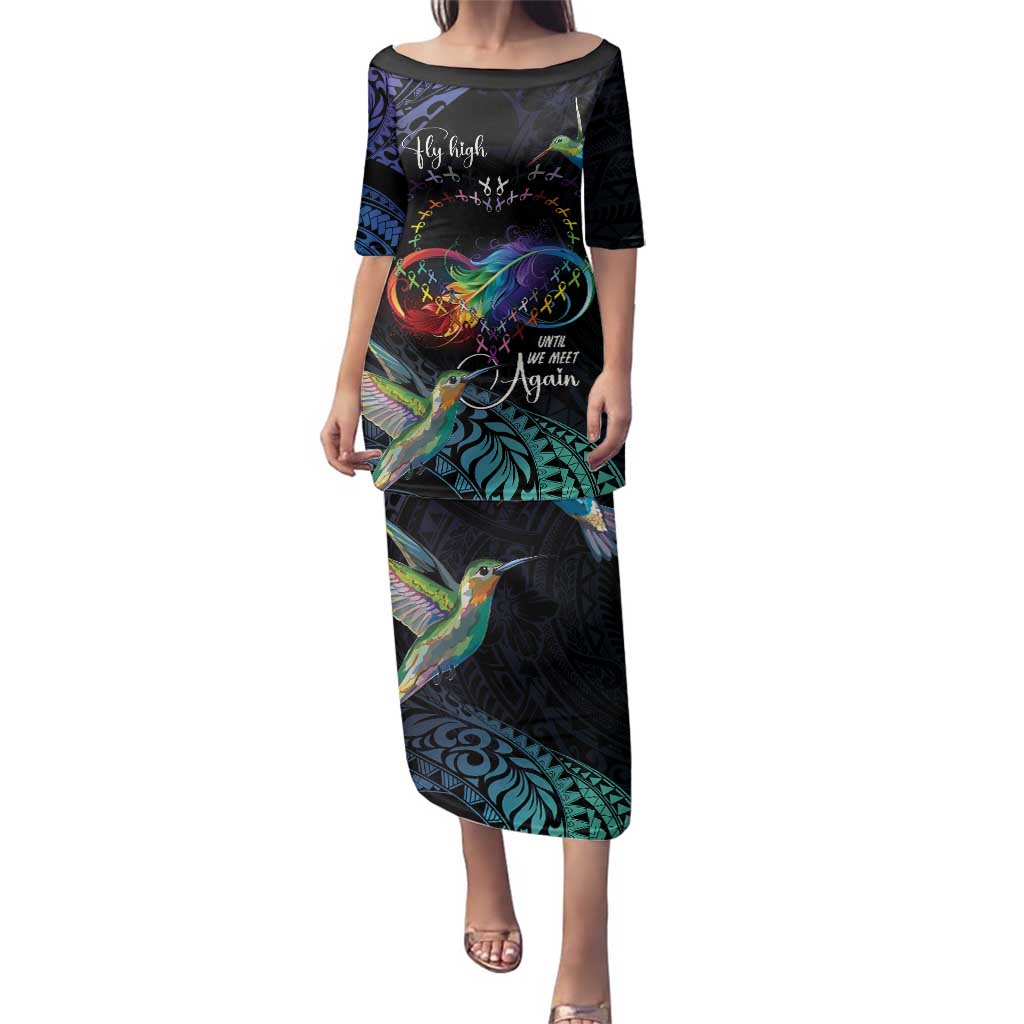 Polynesian Cancers Awareness Family Matching Puletasi and Hawaiian Shirt Hummingbird - Fly High Until We Meet Again LT7 Mom's Dress Colorful - Polynesian Pride