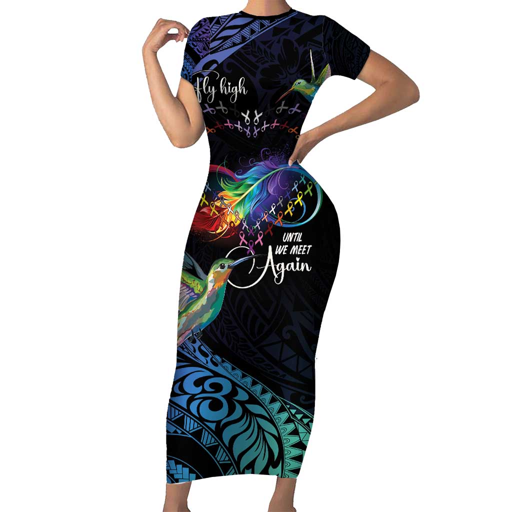 Polynesian Cancers Awareness Family Matching Short Sleeve Bodycon Dress and Hawaiian Shirt Hummingbird - Fly High Until We Meet Again LT7 Mom's Dress Colorful - Polynesian Pride