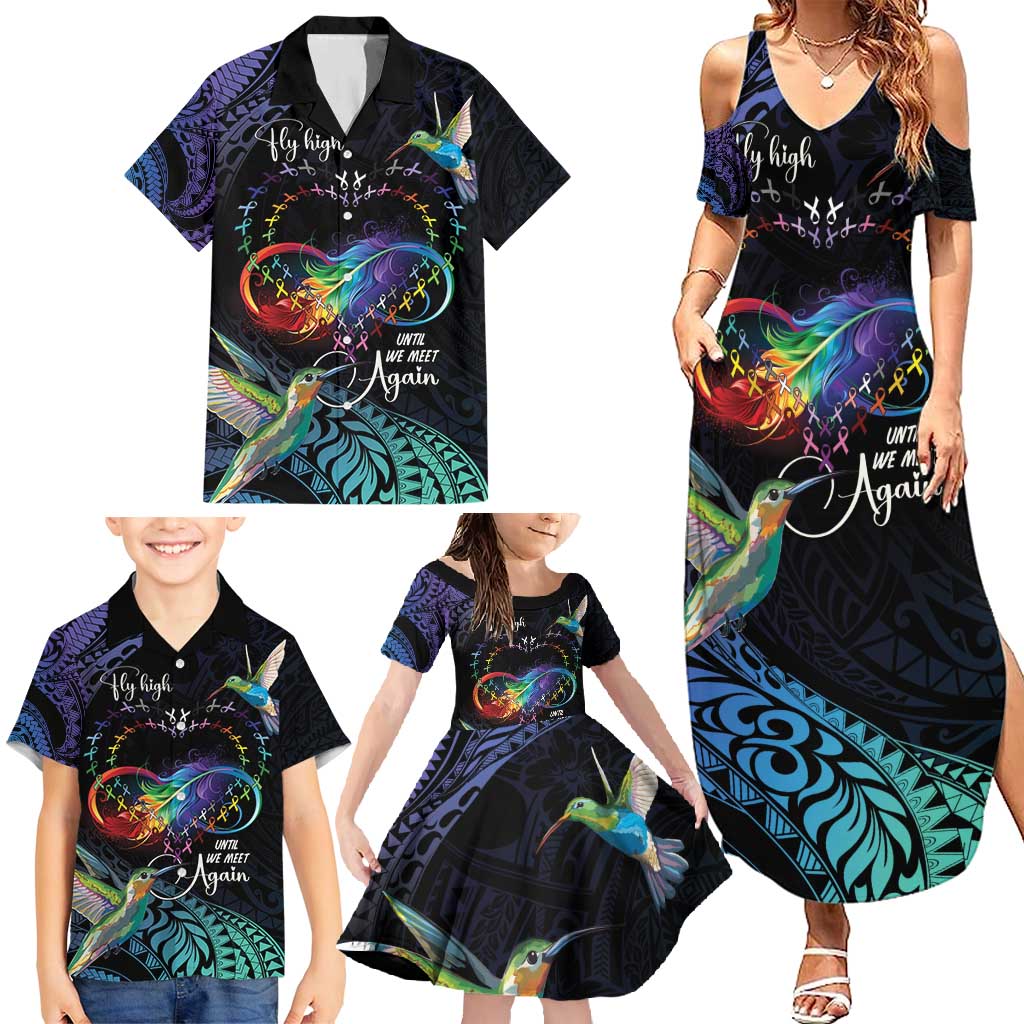 Polynesian Cancers Awareness Family Matching Summer Maxi Dress and Hawaiian Shirt Hummingbird - Fly High Until We Meet Again LT7 - Polynesian Pride