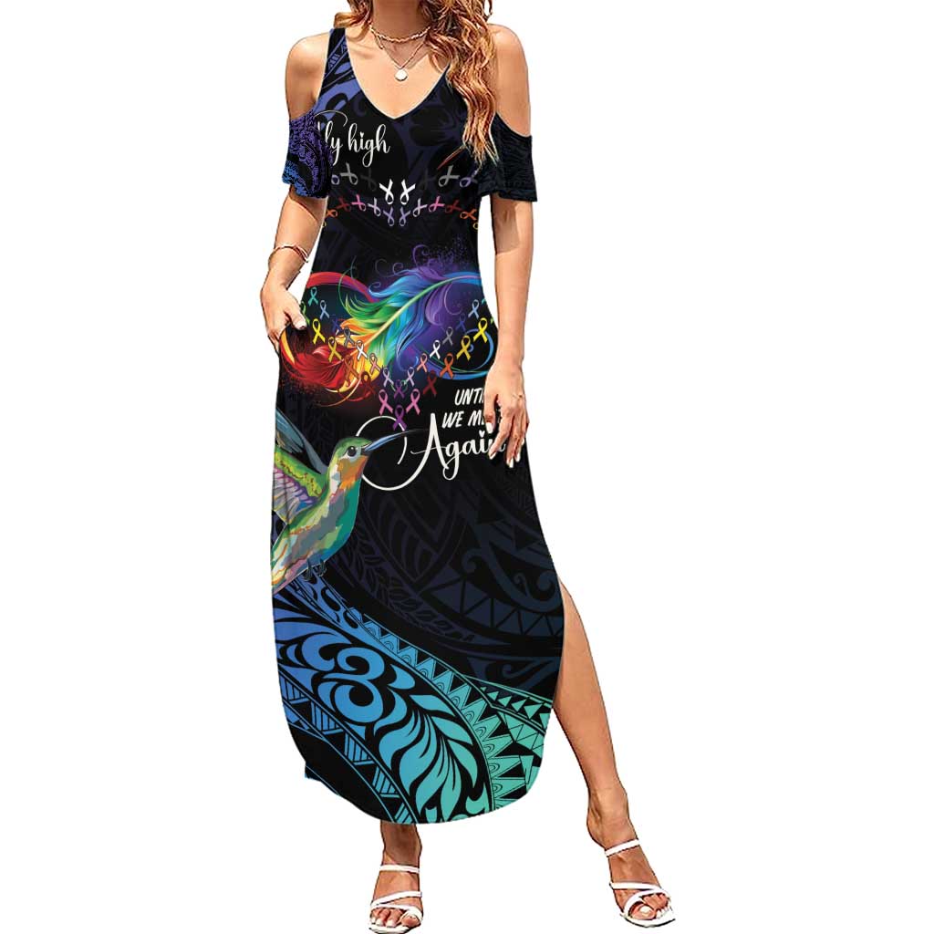 Polynesian Cancers Awareness Family Matching Summer Maxi Dress and Hawaiian Shirt Hummingbird - Fly High Until We Meet Again LT7 Mom's Dress Colorful - Polynesian Pride