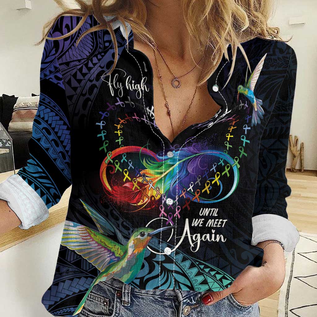 Polynesian Cancers Awareness Women Casual Shirt Hummingbird - Fly High Until We Meet Again