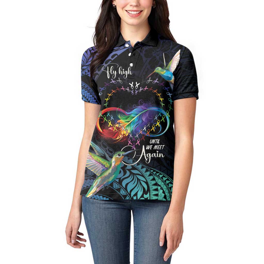 Polynesian Cancers Awareness Women Polo Shirt Hummingbird - Fly High Until We Meet Again
